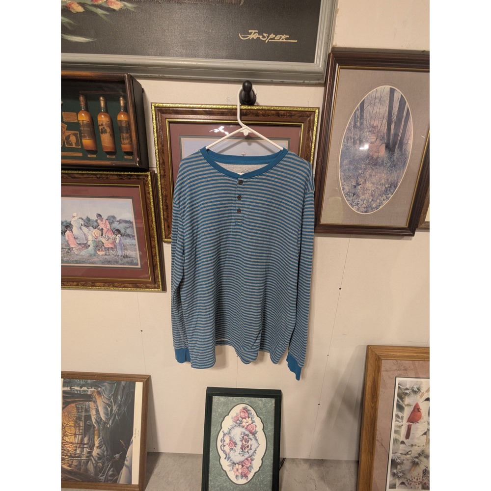 St Johns Bay Mens XL Blue Grey Striped Long Sleeve Henley Shirt Cotton Blend